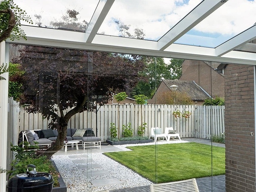 overkapping moderne terrasoverkapping Verano glaswanden glazen schuifwand