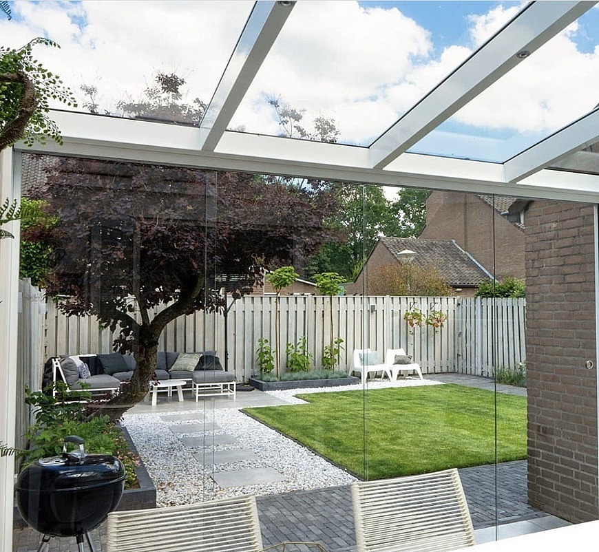overkapping moderne terrasoverkapping Verano glaswanden glazen schuifwand